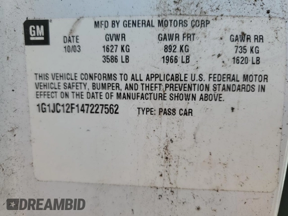 2004 Chevrolet Cavalier с VIN 1G1JC12F147227562, выставлен на аукционе Copart как лот 73354084 с пробегом Не указан миль и Списание • Salvage title. История ставок и продаж доступна на DreamBid. Изображение 14.