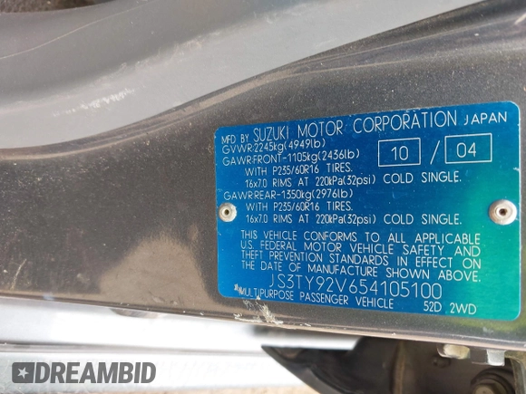 2005 Suzuki XL7 LX with VIN JS3TY92V654105100, listed as a IAAI auction lot 41955862 with 175,969 mi miles and . Bid and sale history available at DreamBid. Image 9.