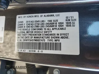 2021 Honda Pilot EX-L with VIN 5FNYF5H57MB027475, listed as a Copart auction lot 42239455 with 66,713 mi miles and Salvage Title. Bid and sale history available at carsss.com. Image 13.