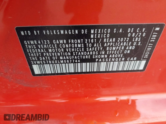 2020 Volkswagen Jetta SEL with VIN 3VWE57BUXLM087744, listed as a IAAI auction lot 42077398 with 45,831 mi miles and . Bid and sale history available at DreamBid. Image 9.