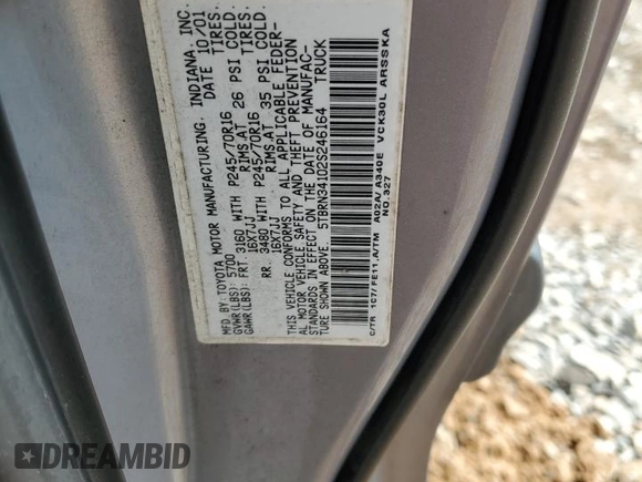 2002 Toyota Tundra SR5 with VIN 5TBRN34102S246164, listed as a Copart auction lot 54089355 with 241,204 mi miles and Clean Title. Bid and sale history available at DreamBid. Image 12.