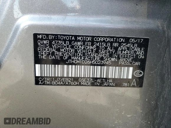 2017 Lexus IS 300 with VIN JTHCM1D26H5023945, listed as a Copart auction lot 56307245 with 117,308 mi miles and Salvage title. Bid and sale history available at DreamBid. Image 12.