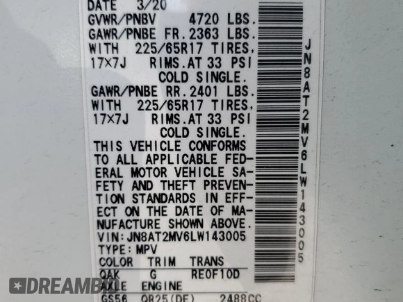 2020 Nissan Rogue S z VIN JN8AT2MV6LW143005, wystawiony jako Copart lot #52551965 z przebiegiem 113 757 mil mil oraz Szkoda całkowita • Salvage title. Historia ofert i sprzedaży dostępna na DreamBid. Obrazek 15.