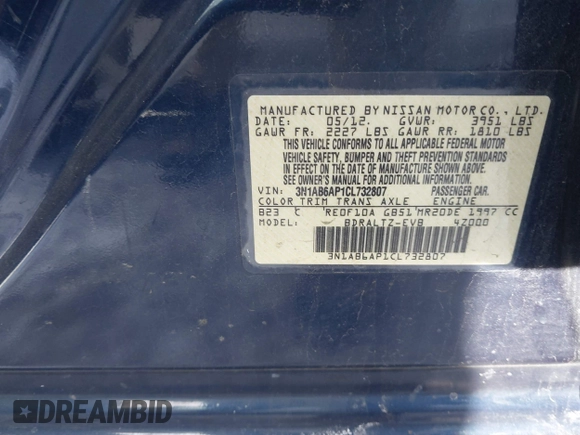 2012 Nissan Sentra 2.0 with VIN 3N1AB6AP1CL732807, listed as a IAAI auction lot 41274077 with 180,408 mi miles and . Bid and sale history available at DreamBid. Image 9.