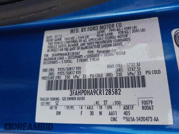 2012 Ford Fusion SE with VIN 3FAHP0HA9CR128582, listed as a IAAI auction lot 42102172 with 194,162 mi miles. Bid and sale history available at carsss.com. Image 9.