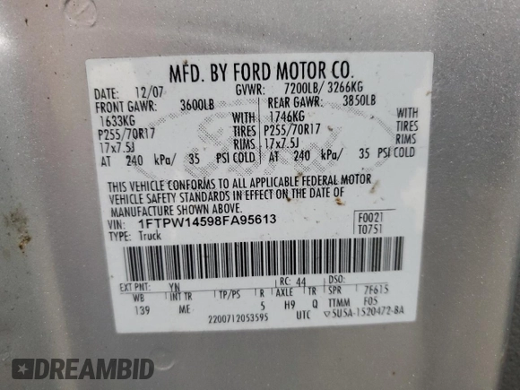 2008 Ford F-150 XLT with VIN 1FTPW14598FA95613, listed as a Copart auction lot 64717365 with 101,696 mi miles and Clean title. Bid and sale history available at DreamBid. Image 12.