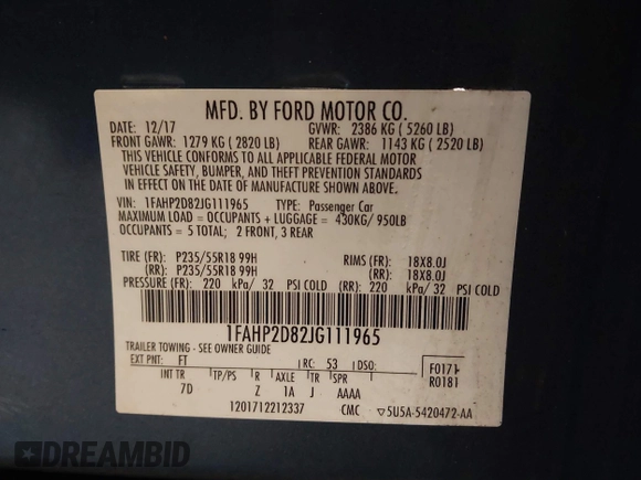 2018 Ford Taurus SE с VIN 1FAHP2D82JG111965, выставлен на аукционе IAAI как лот 42146440 с пробегом 158 090 миль миль и . История ставок и продаж доступна на DreamBid. Изображение 9.