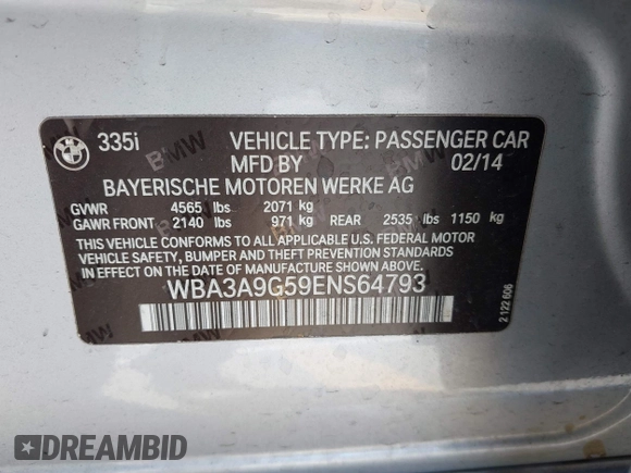 2014 BMW 3 Series 335i with VIN WBA3A9G59ENS64793, listed as a IAAI auction lot 41746865 with 93,899 mi miles. Bid and sale history available at carsss.com. Image 9.