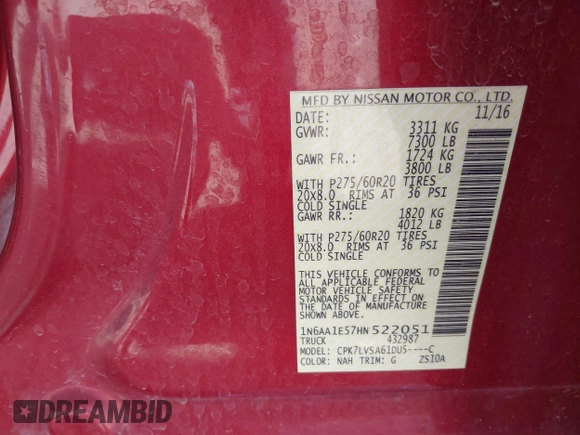 2017 Nissan Titan Platinum Reserve с VIN 1N6AA1E57HN522051, выставлен на аукционе IAAI как лот 42128392 с пробегом 101 378 миль миль и . История ставок и продаж доступна на DreamBid. Изображение 9.