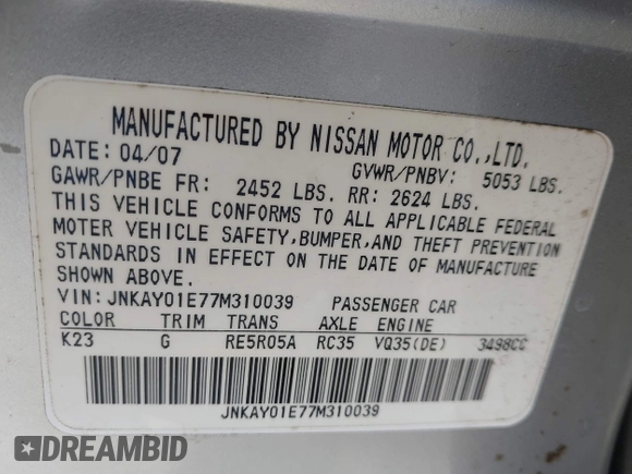 2007 Infiniti M with VIN JNKAY01E77M310039, listed as a IAAI auction lot 41940543 with 141,631 mi miles and . Bid and sale history available at DreamBid. Image 9.