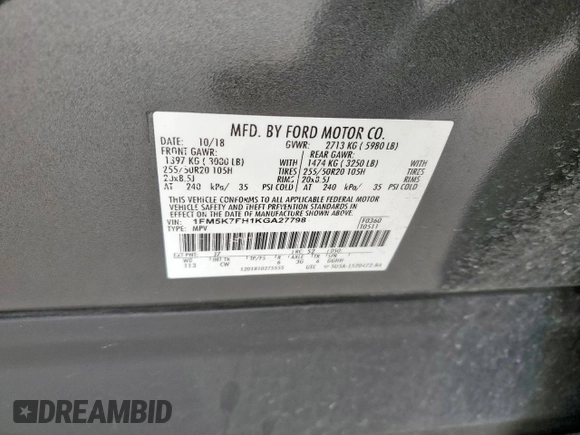 2019 Ford Explorer Limited с VIN 1FM5K7FH1KGA27798, выставлен на аукционе Copart как лот 46421075 с пробегом 159 405 миль миль и Чистый • Clean title. История ставок и продаж доступна на DreamBid. Изображение 12.
