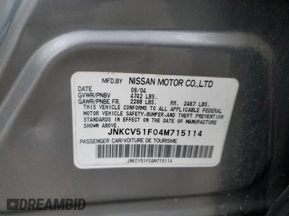 2004 Infiniti G35 w/Leather z VIN JNKCV51F04M715114, wystawiony jako Copart lot #45109415 z przebiegiem 244 446 mil mil oraz Szkoda całkowita • Salvage title. Historia ofert i sprzedaży dostępna na DreamBid. Obrazek 12.