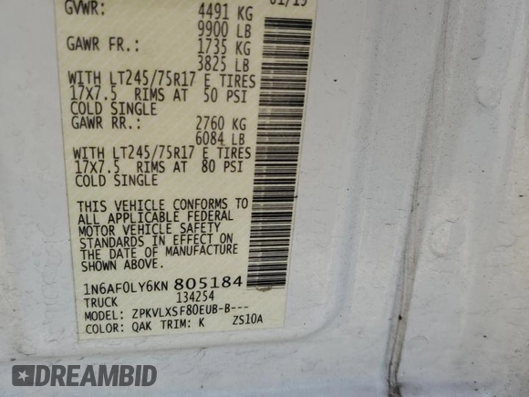 2019 Nissan NV Cargo SV z VIN 1N6AF0LY6KN805184, wystawiony jako Copart lot #83629974 z przebiegiem Nie podano mil oraz Szkoda całkowita • Salvage title. Historia ofert i sprzedaży dostępna na DreamBid. Obrazek 13.