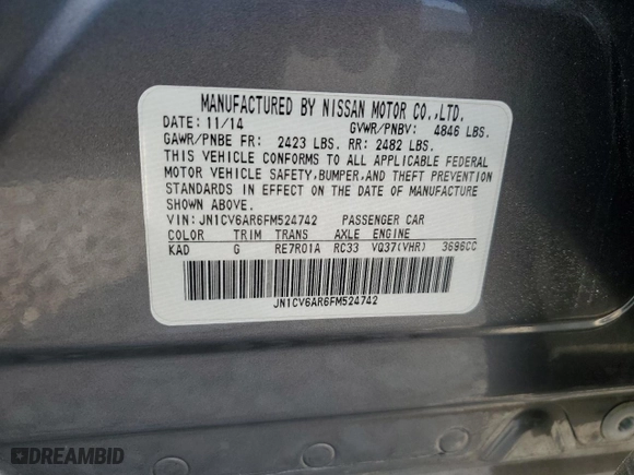 2015 Infiniti Q40 with VIN JN1CV6AR6FM524742, listed as a Copart auction lot 51347695 with 112,276 mi miles and Salvage Title. Bid and sale history available at carsss.com. Image 13.