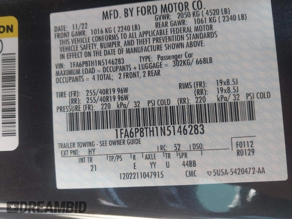 2022 Ford Mustang EcoBoost with VIN 1FA6P8TH1N5146283, listed as a IAAI auction lot 42520107 with 16,359 mi miles and . Bid and sale history available at DreamBid. Image 9.