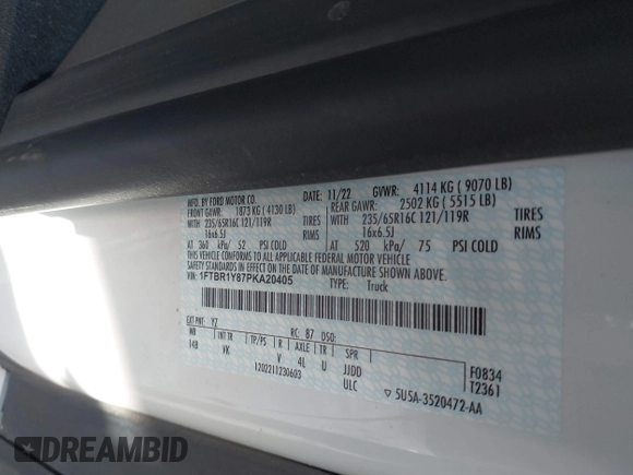 2023 Ford Transit Cargo with VIN 1FTBR1Y87PKA20405, listed as a IAAI auction lot 41907508 with 26,846 mi miles and . Bid and sale history available at DreamBid. Image 9.