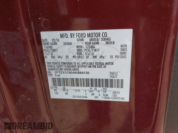 2010 Ford F-150 XL with VIN 1FTEX1C80AKB84130, listed as a IAAI auction lot 42680650 with 291,873 mi miles and . Bid and sale history available at DreamBid. Image 9.