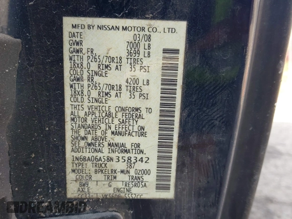 2008 Nissan Titan XE z VIN 1N6BA06A58N358342, wystawiony jako IAAI lot #42307058 z przebiegiem 223 175 mil mil oraz . Historia ofert i sprzedaży dostępna na DreamBid. Obrazek 9.