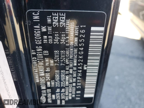 2019 Kia Sorento EX Sport V6 with VIN 5XYPH4A52KG455261, listed as a Copart auction lot 88776265 with 61,308 mi miles and Salvage Title. Bid and sale history available at carsss.com. Image 14.