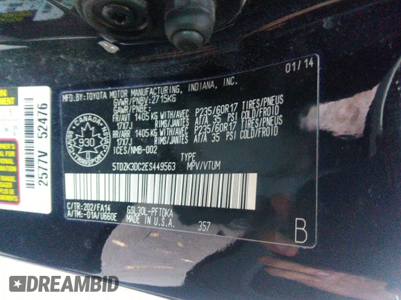 2014 Toyota Sienna L with VIN 5TDZK3DC2ES449563, listed as a IAAI auction lot 37355441 with 246,582 mi miles and . Bid and sale history available at DreamBid. Image 9.