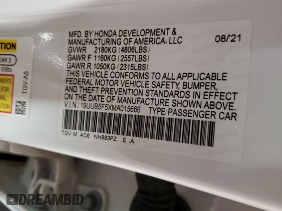 2021 Acura TLX w/A-Spec Package with VIN 19UUB5F5XMA015666, listed as a Copart auction lot 47627495 with 0 mi miles and Salvage Title. Bid and sale history available at carsss.com. Image 12.