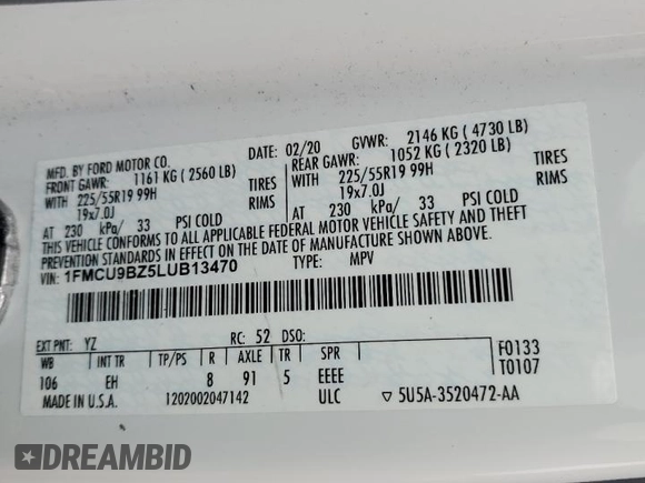 2020 Ford Escape SE Sport Hybrid with VIN 1FMCU9BZ5LUB13470, listed as a Copart auction lot 55960645 with 106,798 mi miles and Salvage title. Bid and sale history available at DreamBid. Image 13.
