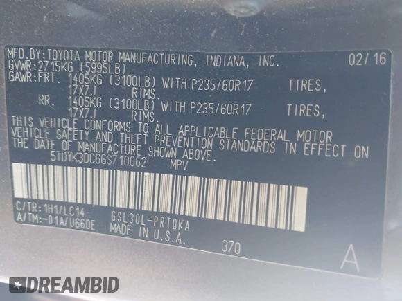 2016 Toyota Sienna XLE with VIN 5TDYK3DC6GS710062, listed as a IAAI auction lot 40953646 with 145,233 mi miles. Bid and sale history available at carsss.com. Image 9.