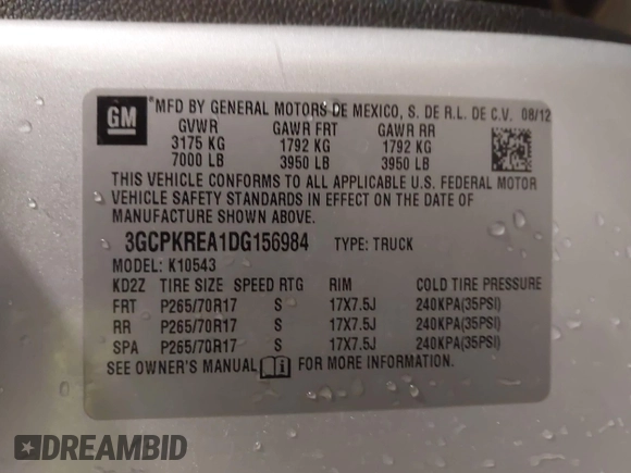 2013 Chevrolet Silverado 1500 LS with VIN 3GCPKREA1DG156984, listed as a IAAI auction lot 41924312 with 117,018 mi miles and . Bid and sale history available at DreamBid. Image 9.