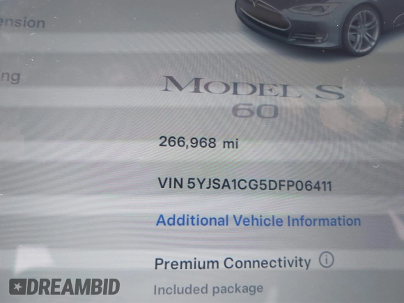 2013 Tesla Model S с VIN 5YJSA1CG5DFP06411, выставлен на аукционе IAAI как лот 41079914 с пробегом 266 968 миль миль и . История ставок и продаж доступна на DreamBid. Изображение 7.