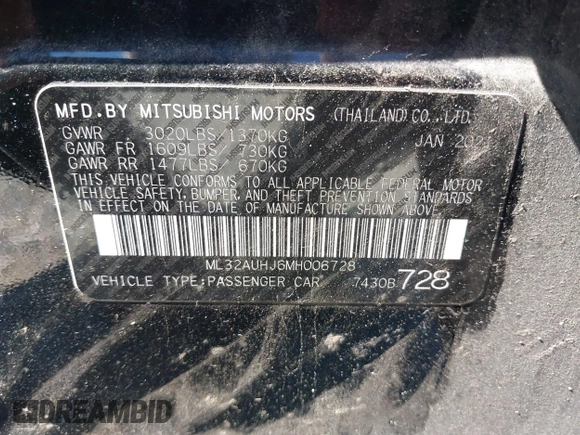 2021 Mitsubishi Mirage ES with VIN ML32AUHJ6MH006728, listed as a IAAI auction lot 41678312 with 36,631 mi miles and . Bid and sale history available at DreamBid. Image 9.