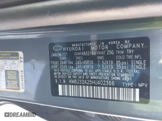 2017 Hyundai Tucson Value with VIN KM8J33A25HU402366, listed as a IAAI auction lot 41814426 with 117,669 mi miles. Bid and sale history available at carsss.com. Image 9.