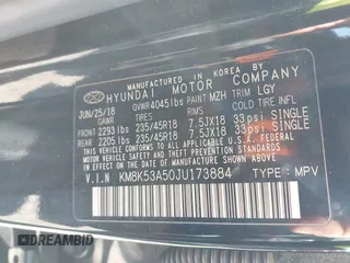 2018 Hyundai Kona Ultimate with VIN KM8K53A50JU173884, listed as a IAAI auction lot 41738298 with 90,059 mi miles. Bid and sale history available at carsss.com. Image 9.