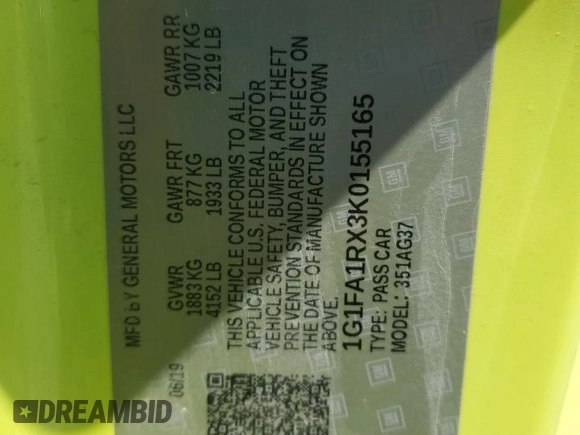2019 Chevrolet Camaro 1LT z VIN 1G1FA1RX3K0155165, wystawiony jako Copart lot #52343325 z przebiegiem 54 665 mil mil oraz Szkoda całkowita • Salvage title. Historia ofert i sprzedaży dostępna na DreamBid. Obrazek 12.