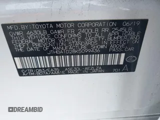 2019 Lexus IS 300 with VIN JTHBA1D28K5099436, listed as a IAAI auction lot 42217659 with 73,888 mi miles and . Bid and sale history available at DreamBid. Image 9.