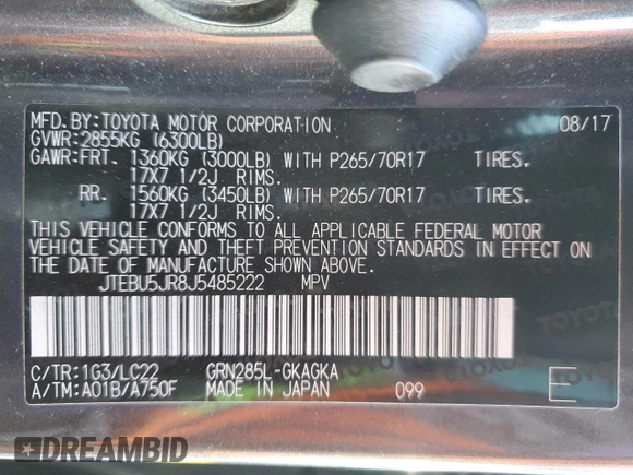 2018 Toyota 4Runner SR5 z VIN JTEBU5JR8J5485222, wystawiony jako Copart lot #52633325 z przebiegiem 107 412 mil mil oraz Szkoda całkowita • Salvage title. Historia ofert i sprzedaży dostępna na DreamBid. Obrazek 13.