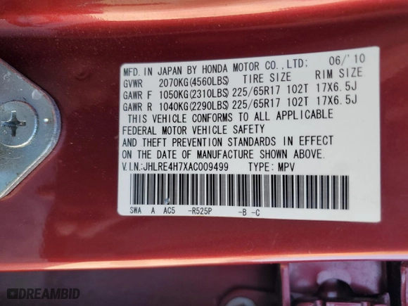 2010 Honda CR-V EX-L with VIN JHLRE4H7XAC009499, listed as a Copart auction lot 76495074 with 115,646 mi miles and Salvage Title. Bid and sale history available at carsss.com. Image 13.