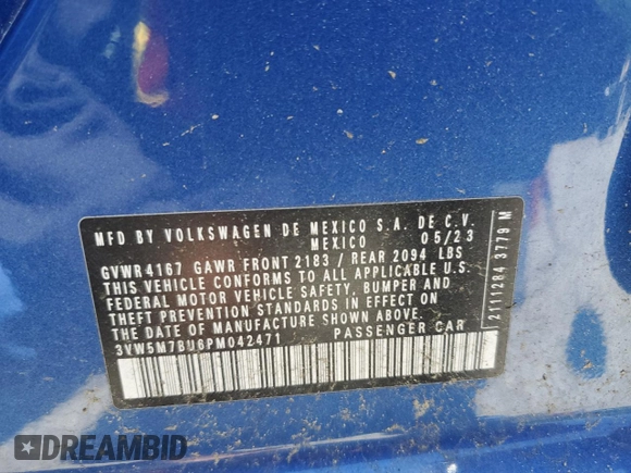 2023 Volkswagen Jetta S with VIN 3VW5M7BU6PM042471, listed as a Copart auction lot 56950155 with 7,043 mi miles and Salvage title. Bid and sale history available at DreamBid. Image 13.