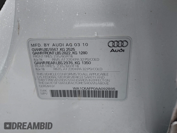 2010 Audi Q5 Premium with VIN WA1CKAFP0AA092895, listed as a IAAI auction lot 40445576 with 152,659 mi miles. Bid and sale history available at carsss.com. Image 9.
