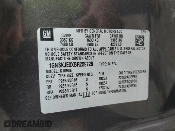 2011 Chevrolet Suburban LT with VIN 1GNSKJE3XBR259726, listed as a Copart auction lot 66365284 with 210,577 mi miles and Salvage Title. Bid and sale history available at carsss.com. Image 13.