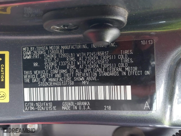 2013 Toyota Highlander with VIN 5TDZK3EH4DS137768, listed as a IAAI auction lot 41399693 with 179,372 mi miles. Bid and sale history available at carsss.com. Image 9.
