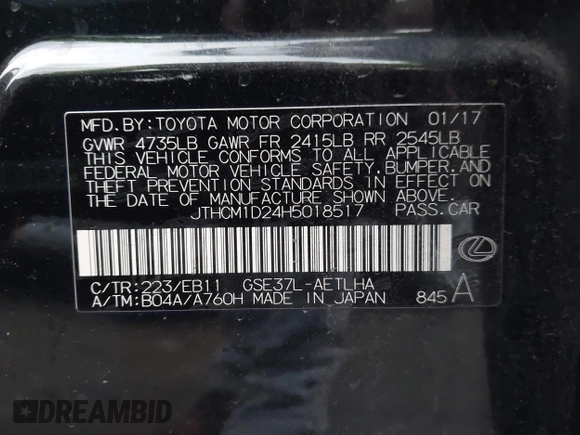 2017 Lexus IS 300 with VIN JTHCM1D24H5018517, listed as a IAAI auction lot 41517554 with 69,740 mi miles and . Bid and sale history available at DreamBid. Image 9.
