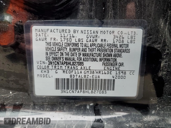 2017 Nissan Versa SV with VIN 3N1CN7AP8HL827085, listed as a Copart auction lot 58347065 with 65,606 mi miles and Salvage title. Bid and sale history available at DreamBid. Image 12.