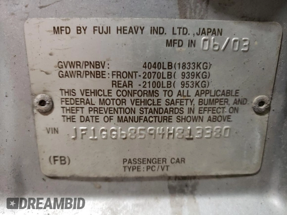 2004 Subaru Impreza Outback Special Sports с VIN JF1GG68594H813380, выставлен на аукционе Copart как лот 47618175 с пробегом 198 929 миль миль и На запчасти • Non repairable. История ставок и продаж доступна на DreamBid. Изображение 12.