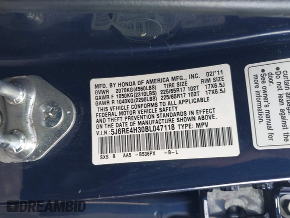 2011 Honda CR-V LX with VIN 5J6RE4H30BL047118, listed as a IAAI auction lot 41081809 with 116,546 mi miles. Bid and sale history available at carsss.com. Image 9.