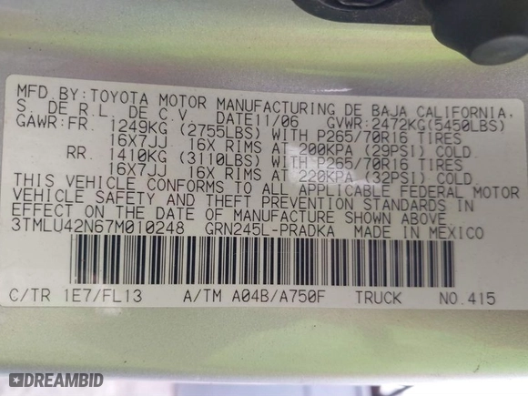 2007 Toyota Tacoma with VIN 3TMLU42N67M010248, listed as a IAAI auction lot 40982477 with 1 mi miles. Bid and sale history available at carsss.com. Image 9.