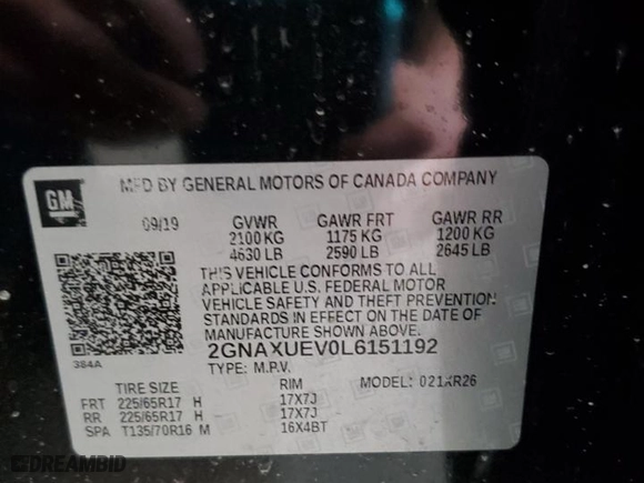 2020 Chevrolet Equinox LT with VIN 2GNAXUEV0L6151192, listed as a Copart auction lot 49773455 with 133,751 mi miles and Salvage Title. Bid and sale history available at carsss.com. Image 13.