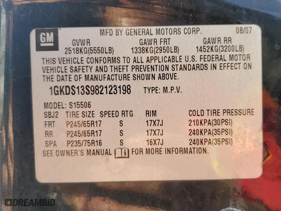 2008 GMC Envoy SLE2 with VIN 1GKDS13S982123198, listed as a Copart auction lot 45865865 with 247,589 mi miles and Salvage Title. Bid and sale history available at carsss.com. Image 14.