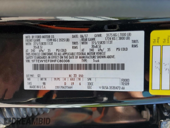2017 Ford F-150 XL with VIN 1FTEW1EF0HFC80308, listed as a Copart auction lot 52505435 with 95,568 mi miles and Salvage title. Bid and sale history available at DreamBid. Image 12.