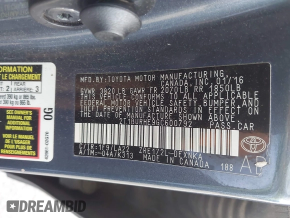 2016 Toyota Corolla L with VIN 2T1BURHE9GC600792, listed as a IAAI auction lot 42032340 with 164,152 mi miles and . Bid and sale history available at DreamBid. Image 9.