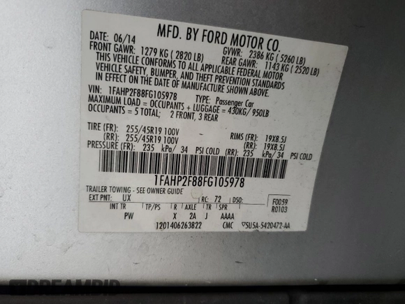 2015 Ford Taurus Limited with VIN 1FAHP2F88FG105978, listed as a Copart auction lot 60805175 with 146,278 mi miles and Salvage title. Bid and sale history available at DreamBid. Image 12.